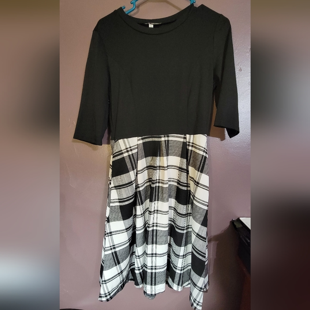 oxiuly Women's Vintage Half Sleeve O-Neck Contrast Casual Pockets Party Swing Dr